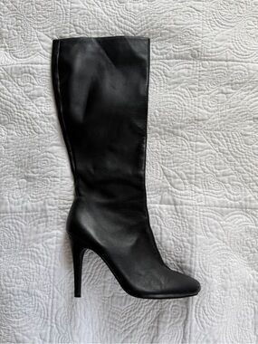 Delman Black Leather Knee-High Stiletto Boot